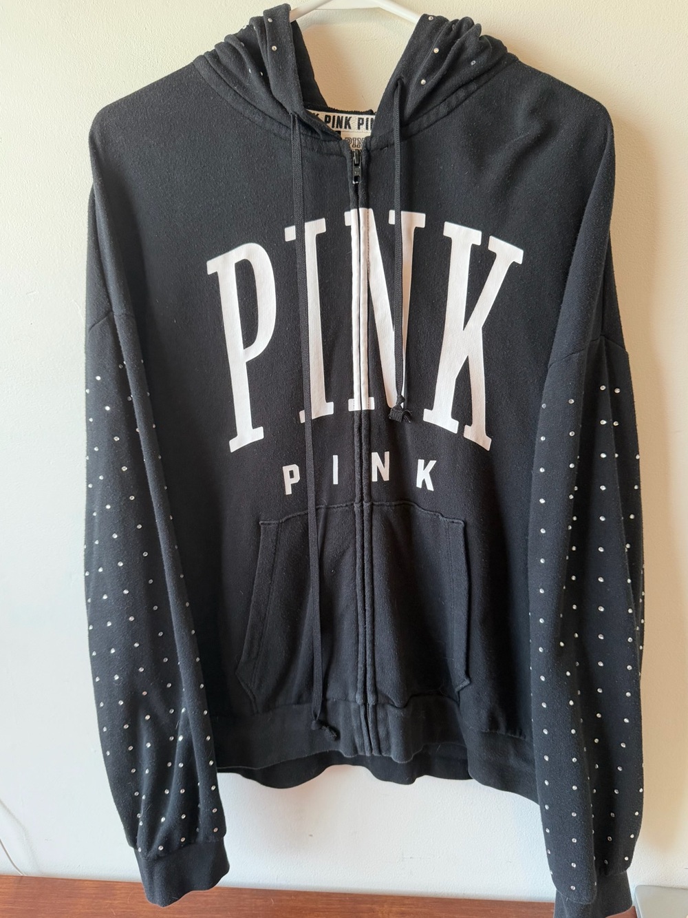 VS Pink Black Rhinestone Zip Hoodie L
